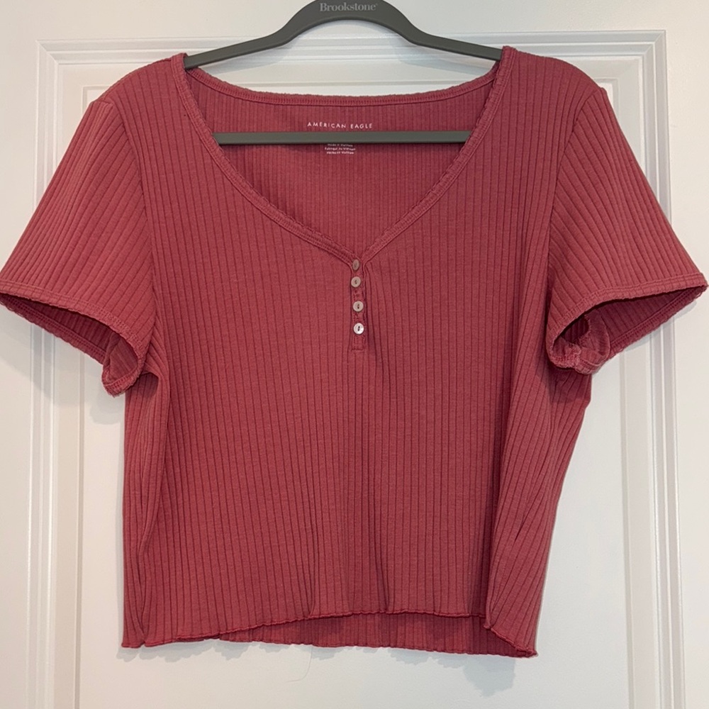 American Eagle Outfitters Red Pink Ribbed Crop T-Shirt
